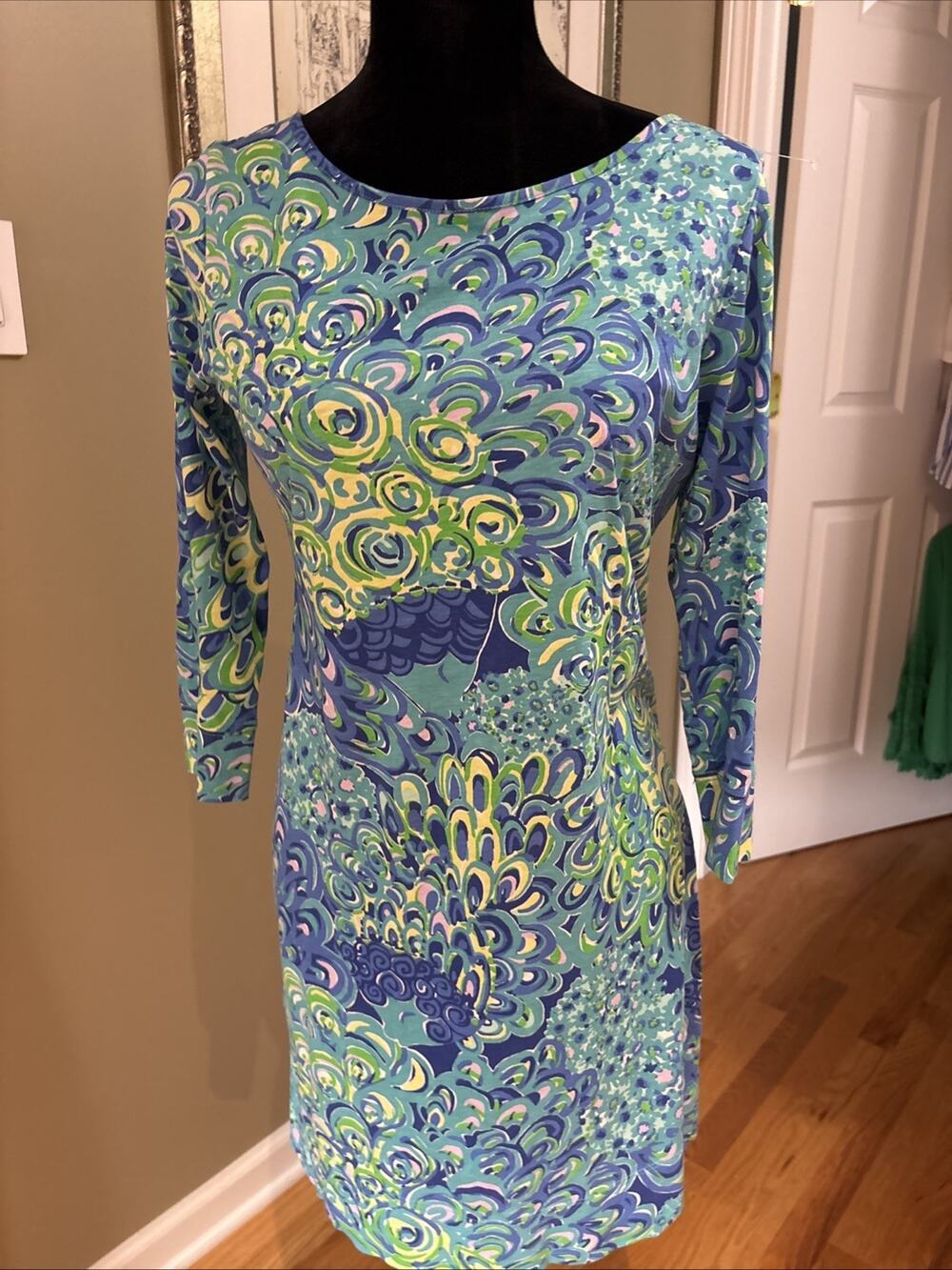 Lilly Pulitzer Marlowe Dress Lilly's Lagoon Small Sea Blue Tropical 3/4 Sleeve